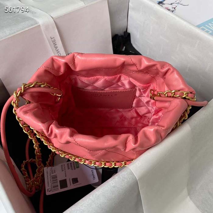 Chanel Women CC 22 Mini Handbag Shiny Calfskin Gold-Tone Metal Coral Pink
