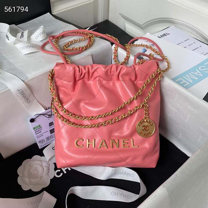 Chanel Women CC 22 Mini Handbag Shiny Calfskin Gold-Tone Metal Coral Pink