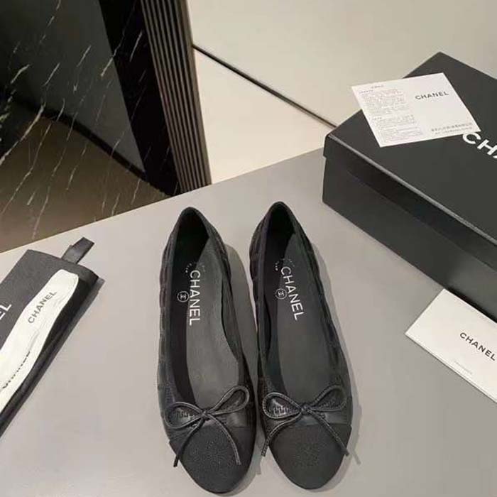 Chanel Women CC Ballet Flats Aged Calfskin Black 1 CM Heel