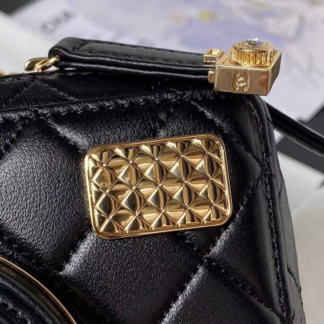 Chanel Women CC Camera Bag Lambskin Gold-Tone Metal Black