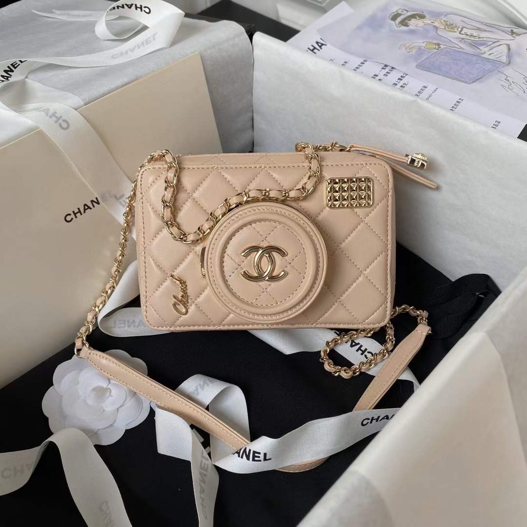Chanel Women CC Camera Bag Lambskin Gold-Tone Metal Dark Beige