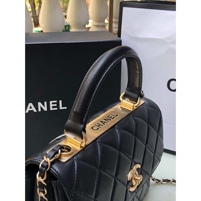 Chanel Women CC Flap Bag Top Handle Lambskin Gold-Tone Metal Black