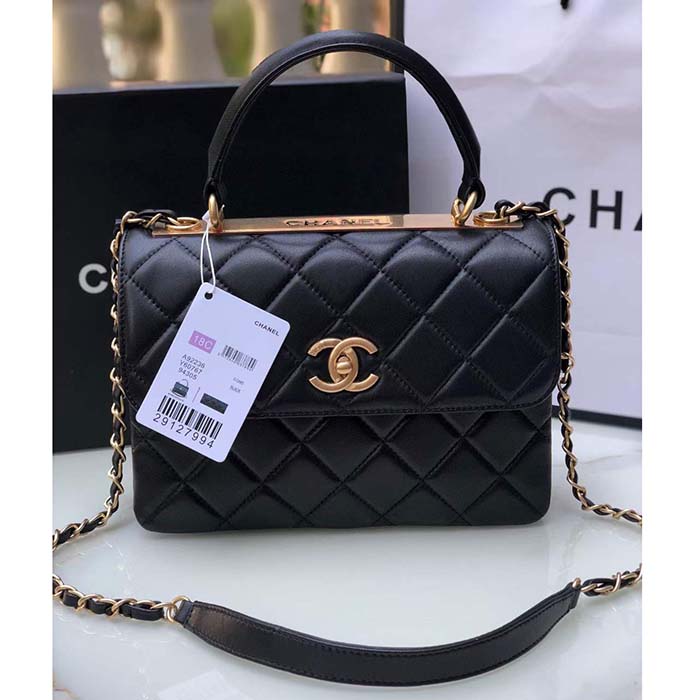 Chanel Women CC Flap Bag Top Handle Lambskin Gold-Tone Metal Black