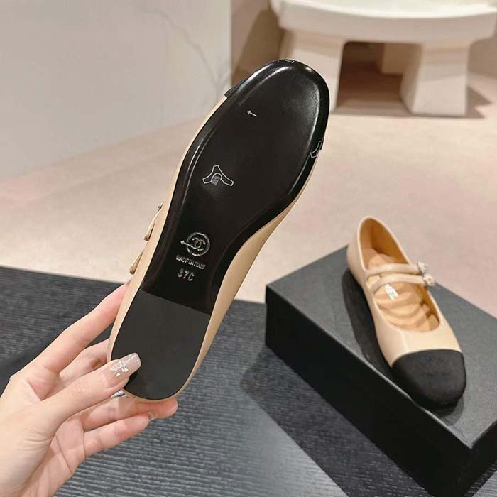 Chanel Women CC Mary Janes Lambskin Grosgrain Beige Black 0.5 CM Heel