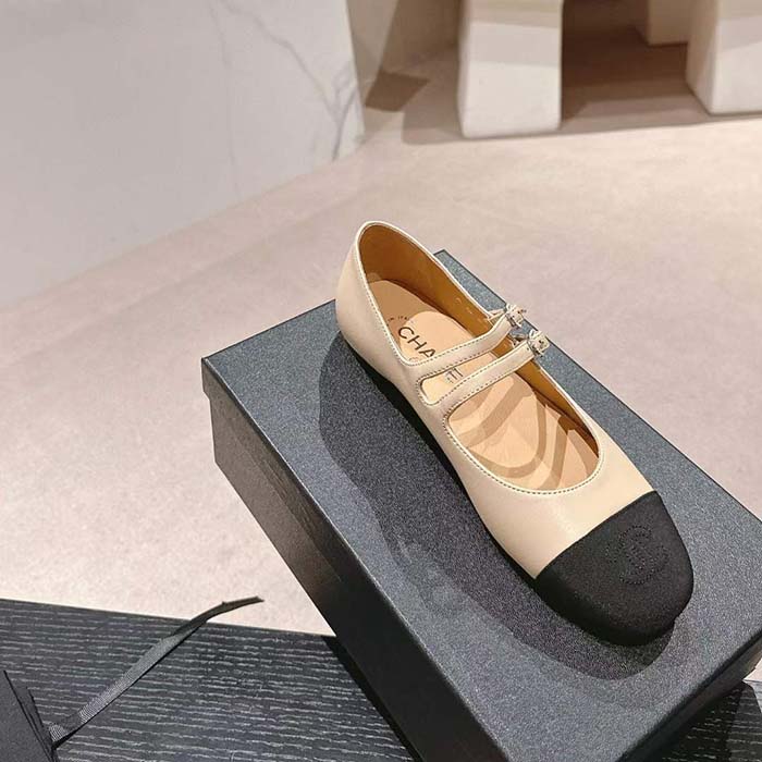 Chanel Women CC Mary Janes Lambskin Grosgrain Beige Black 0.5 CM Heel
