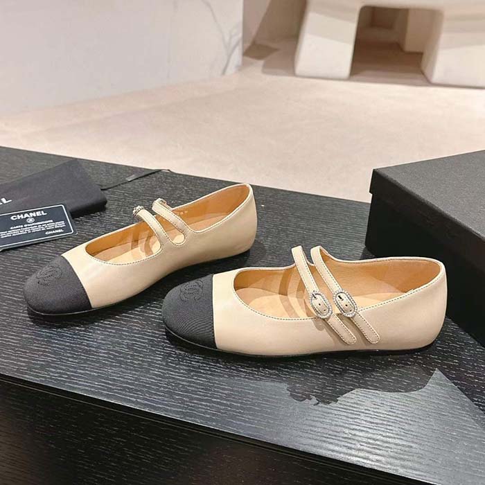 Chanel Women CC Mary Janes Lambskin Grosgrain Beige Black 0.5 CM Heel