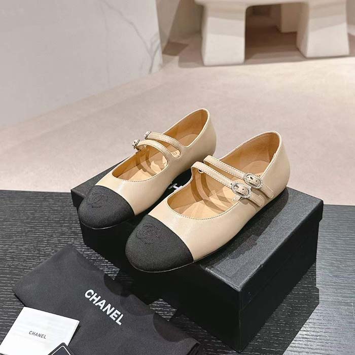 Chanel Women CC Mary Janes Lambskin Grosgrain Beige Black 0.5 CM Heel