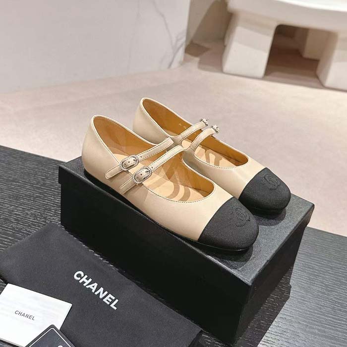 Chanel Women CC Mary Janes Lambskin Grosgrain Beige Black 0.5 CM Heel