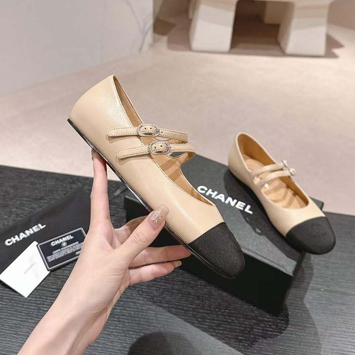 Chanel Women CC Mary Janes Lambskin Grosgrain Beige Black 0.5 CM Heel