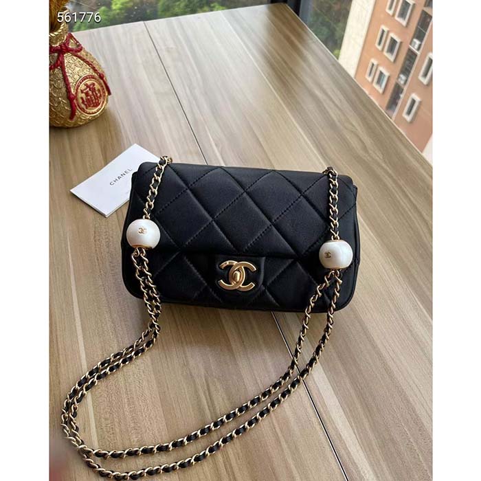 Chanel Women CC Small Flap Bag Lambskin Imitation Pearls Black