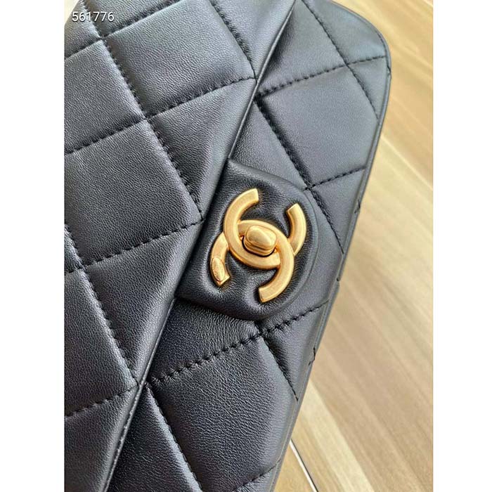 Chanel Women CC Small Flap Bag Lambskin Imitation Pearls Black