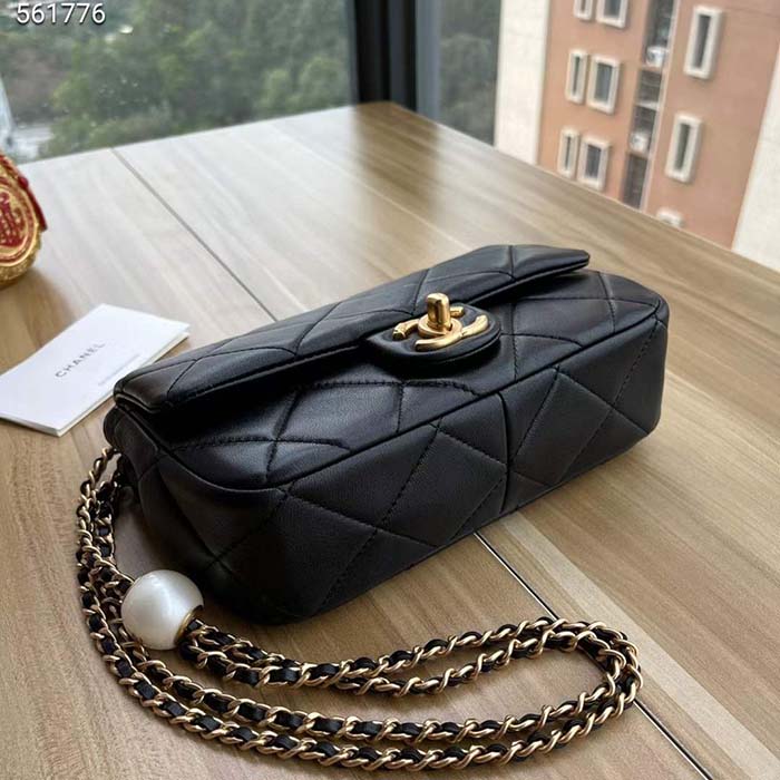 Chanel Women CC Small Flap Bag Lambskin Imitation Pearls Black