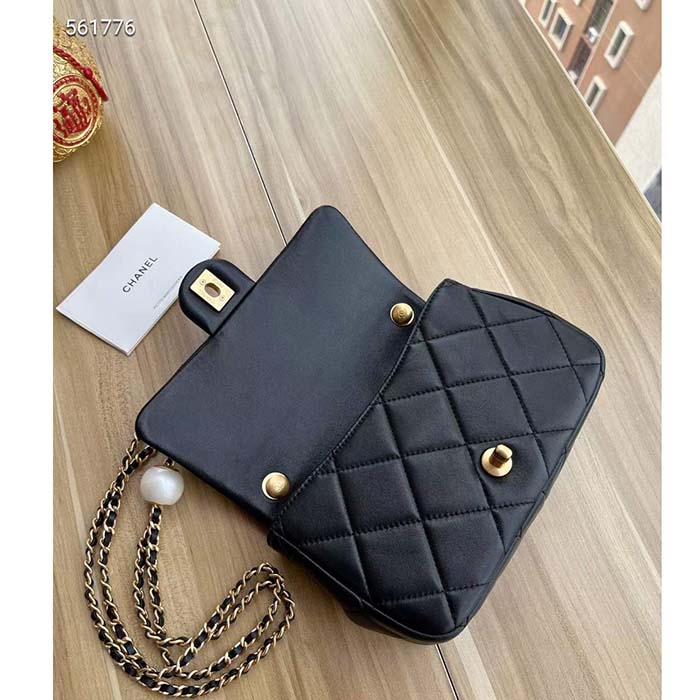 Chanel Women CC Small Flap Bag Lambskin Imitation Pearls Black