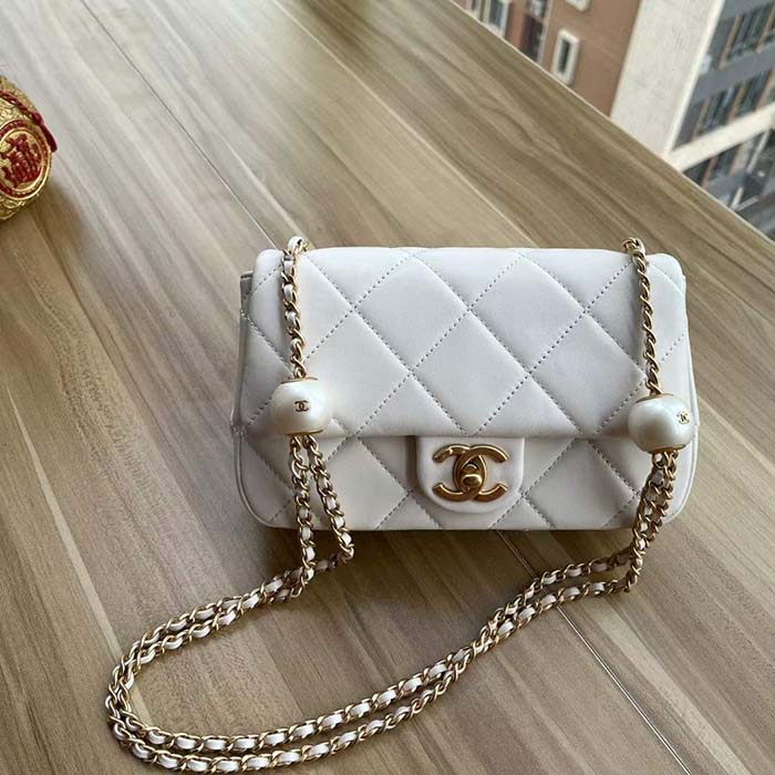 Chanel Women CC Mini Flap Bag Lambskin Imitation Pearls White