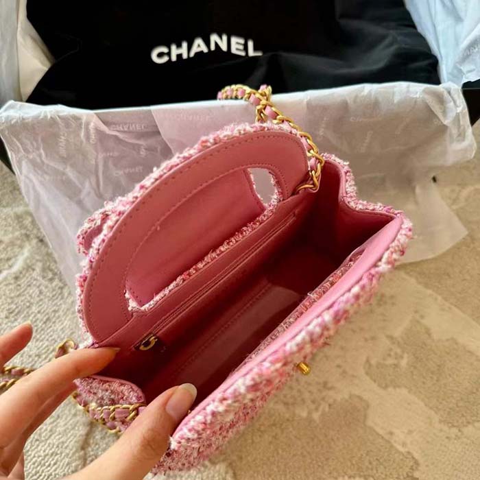 Chanel Women CC Mini Shopping Bag Cotton Tweed Gold-Tone Metal Pink Ecru