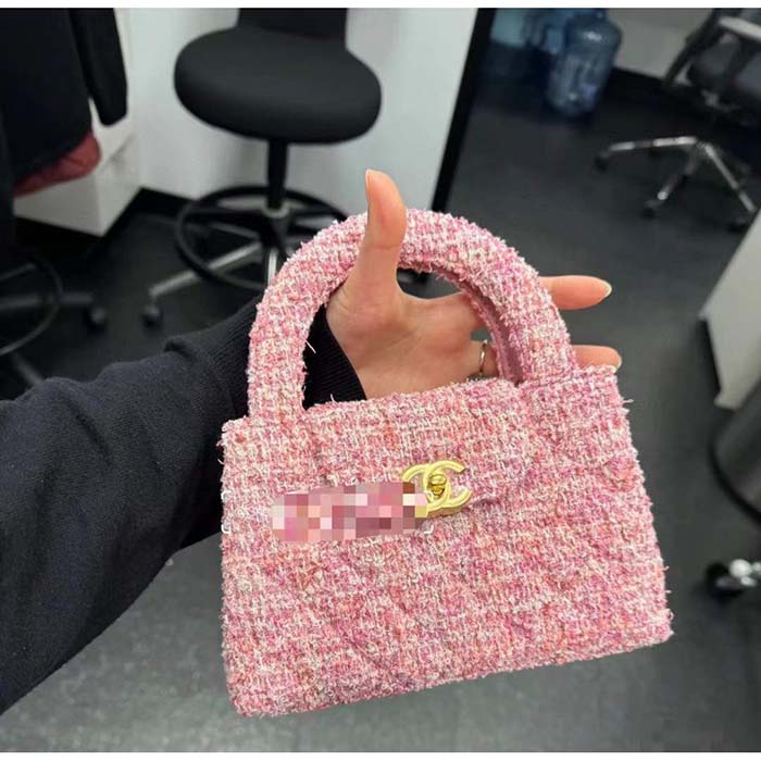 Chanel Women CC Mini Shopping Bag Cotton Tweed Gold-Tone Metal Pink Ecru