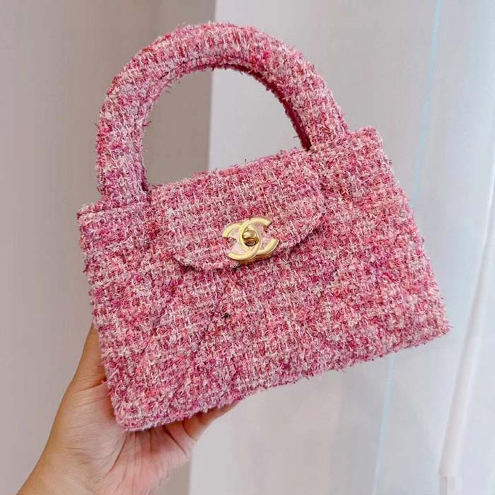 Chanel Women CC Mini Shopping Bag Cotton Tweed Gold-Tone Metal Pink Ecru
