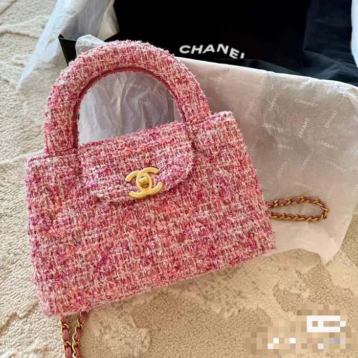 Chanel Women CC Mini Shopping Bag Cotton Tweed Gold-Tone Metal Pink Ecru