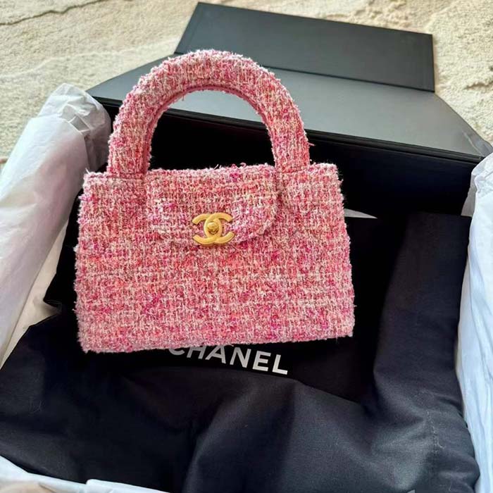 Chanel Women CC Mini Shopping Bag Cotton Tweed Gold-Tone Metal Pink Ecru