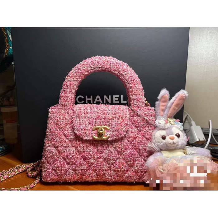 Chanel Women CC Mini Shopping Bag Cotton Tweed Gold-Tone Metal Pink Ecru