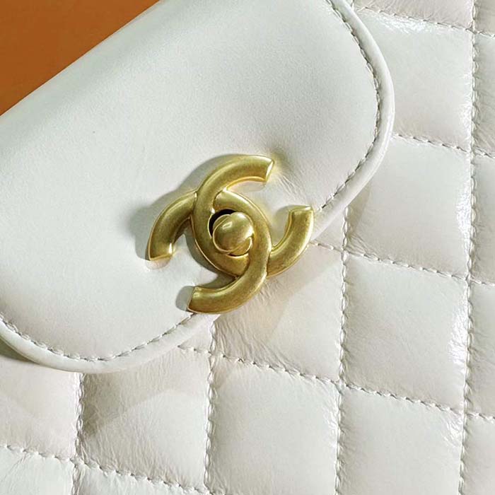 Chanel Women CC Mini Shopping Bag Shiny Crumpled Calfskin Gold Metal White