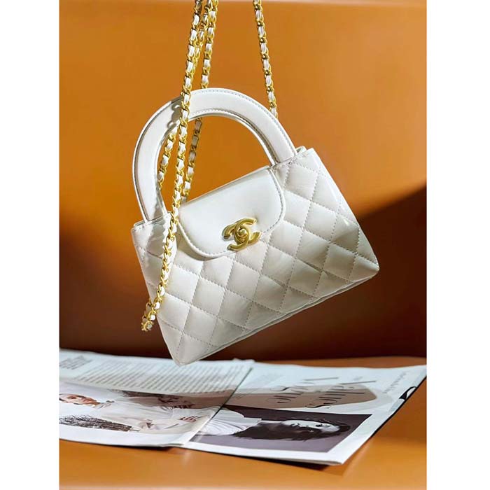 Chanel Women CC Mini Shopping Bag Shiny Crumpled Calfskin Gold Metal White