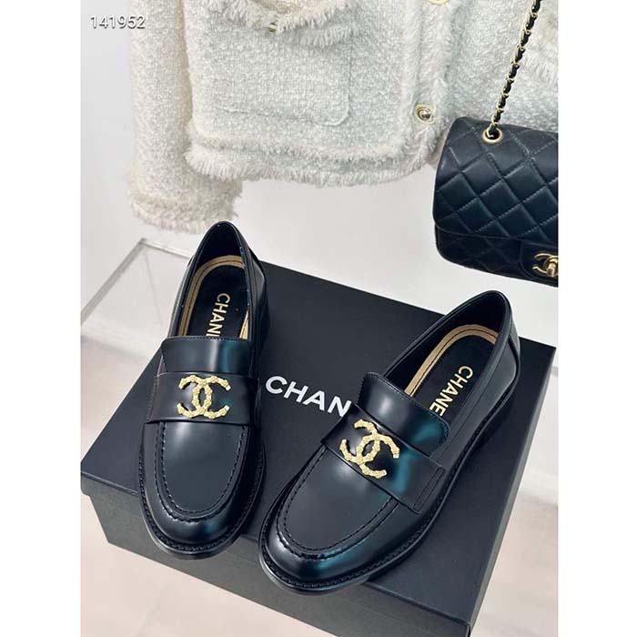 Chanel Women CC Moccasins Calfskin Metal Black 3 CM Heel