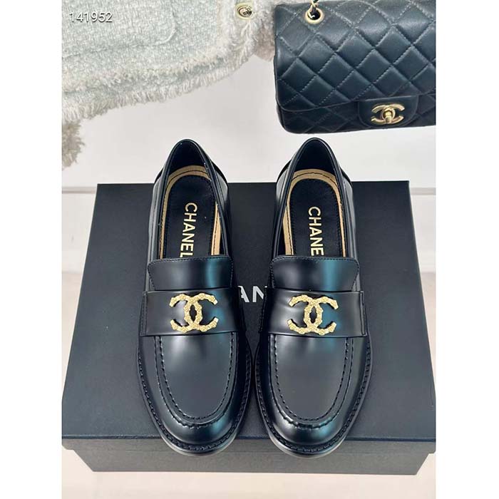 Chanel Women CC Moccasins Calfskin Metal Black 3 CM Heel