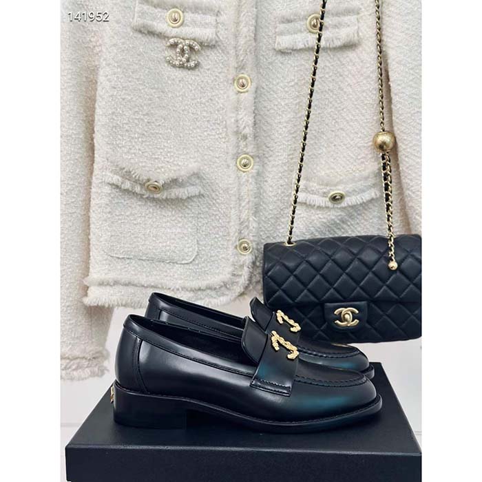 Chanel Women CC Moccasins Calfskin Metal Black 3 CM Heel