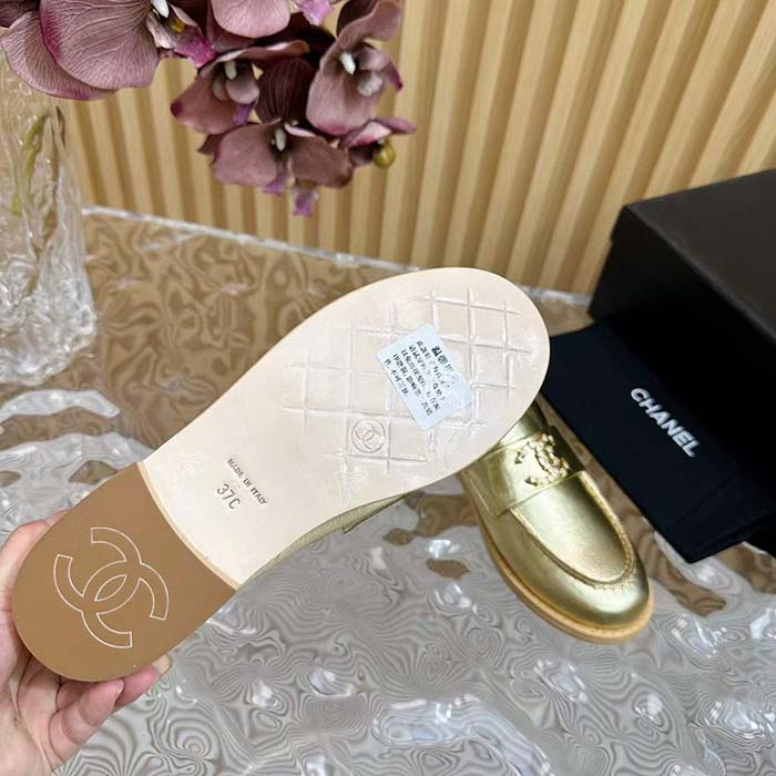 Chanel Women CC Moccasins Laminated Lambskin Metal Gold 3 CM Heel