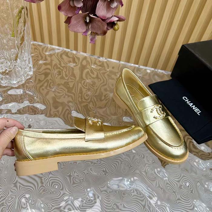 Chanel Women CC Moccasins Laminated Lambskin Metal Gold 3 CM Heel