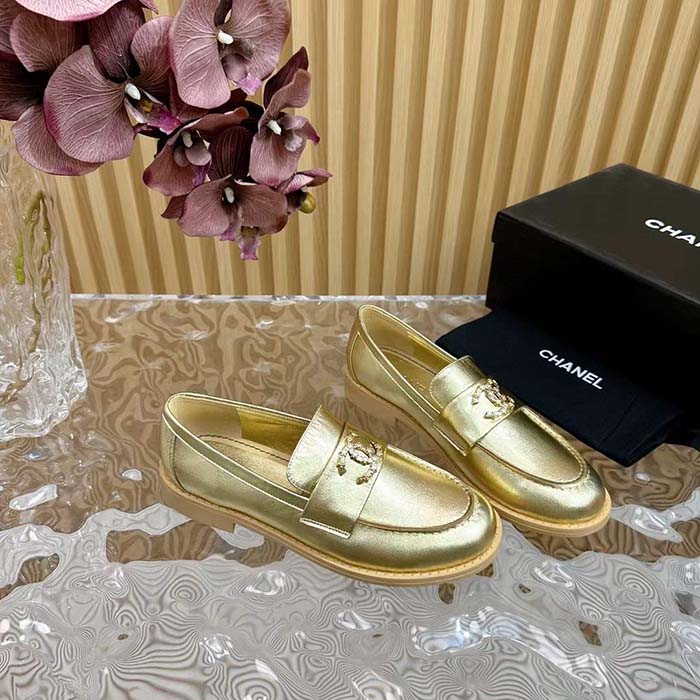 Chanel Women CC Moccasins Laminated Lambskin Metal Gold 3 CM Heel