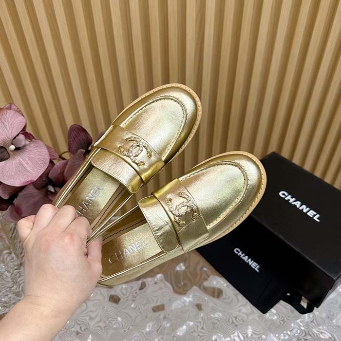 Chanel Women CC Moccasins Laminated Lambskin Metal Gold 3 CM Heel