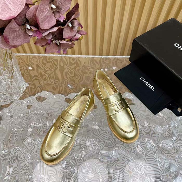 Chanel Women CC Moccasins Laminated Lambskin Metal Gold 3 CM Heel