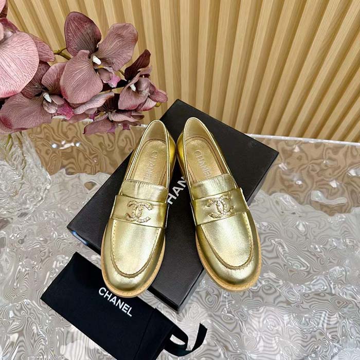 Chanel Women CC Moccasins Laminated Lambskin Metal Gold 3 CM Heel