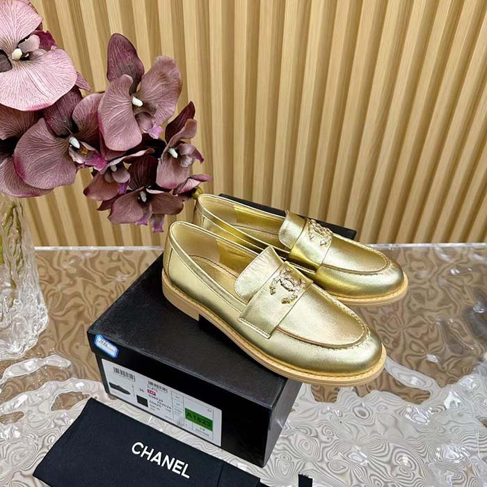Chanel Women CC Moccasins Laminated Lambskin Metal Gold 3 CM Heel