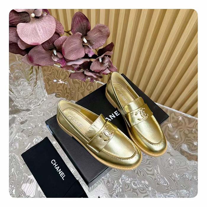 Chanel Women CC Moccasins Laminated Lambskin Metal Gold 3 CM Heel