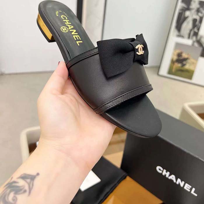 Chanel Women CC Mules Lambskin Grosgrain Black 4 CM Heel