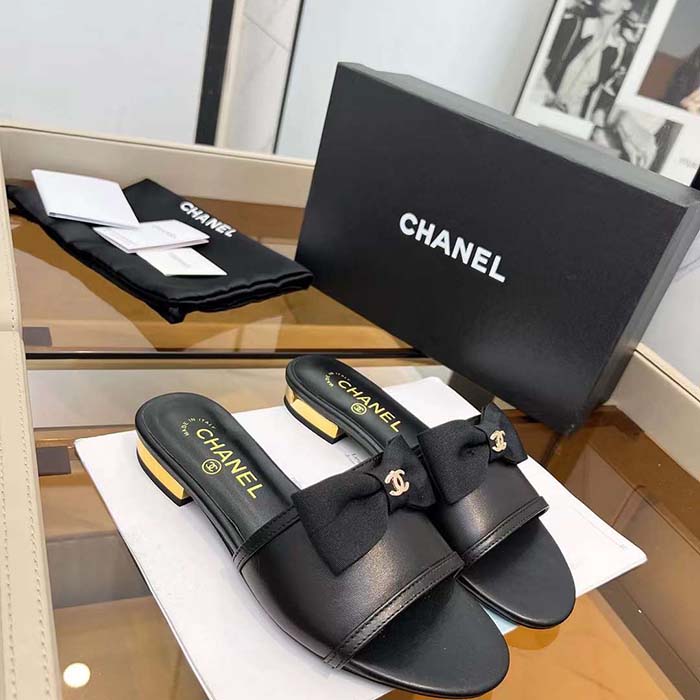 Chanel Women CC Mules Lambskin Grosgrain Black 4 CM Heel