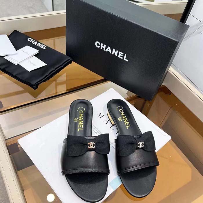 Chanel Women CC Mules Lambskin Grosgrain Black 4 CM Heel