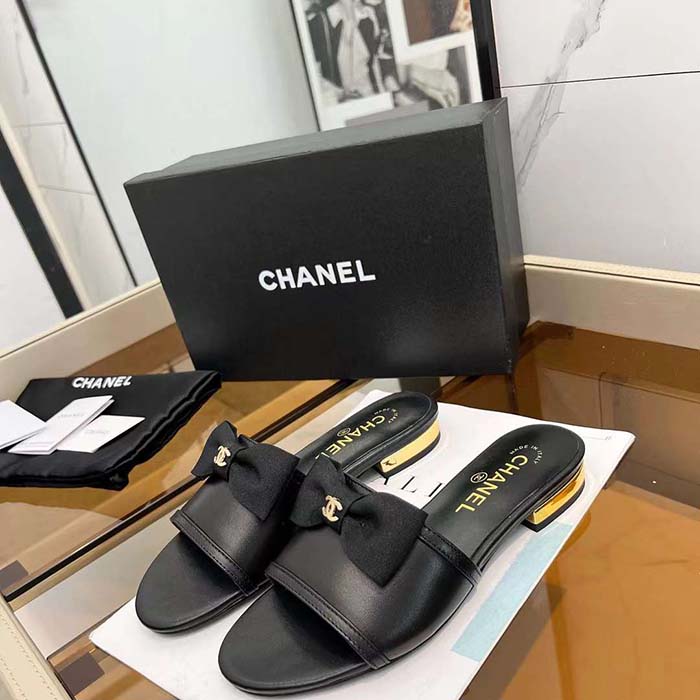 Chanel Women CC Mules Lambskin Grosgrain Black 4 CM Heel