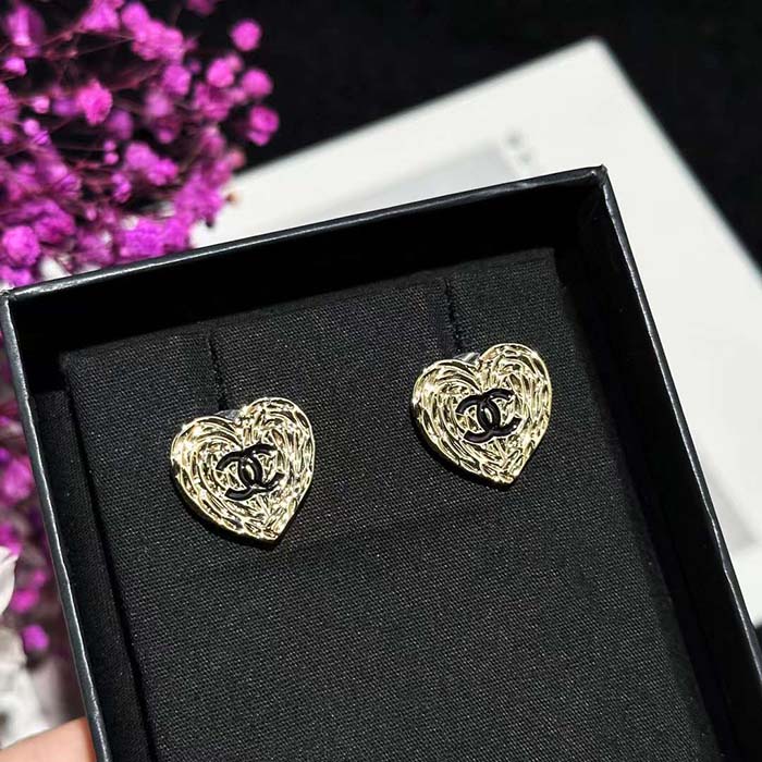 Chanel Women CC Pendant Earrings Black Metal Strass Gold Crystal