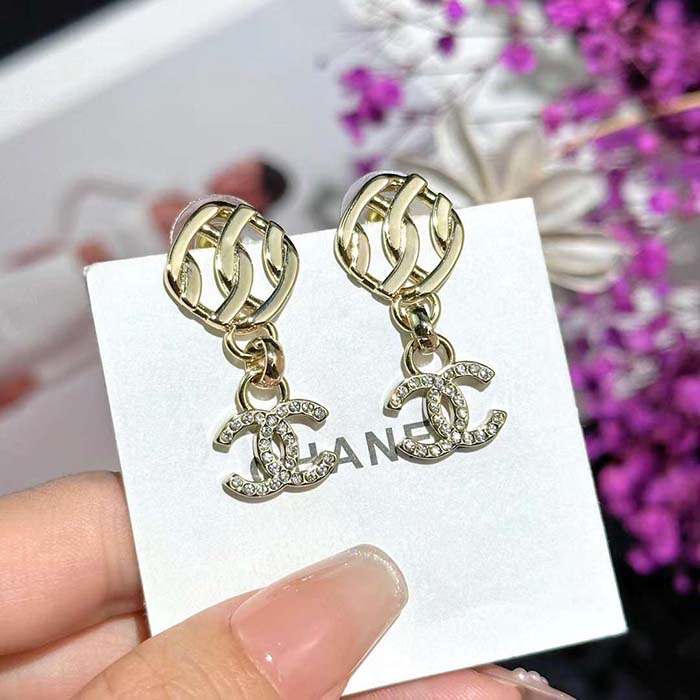 Chanel Women CC Pendant Earrings Metal Resin Strass Gold White Crystal