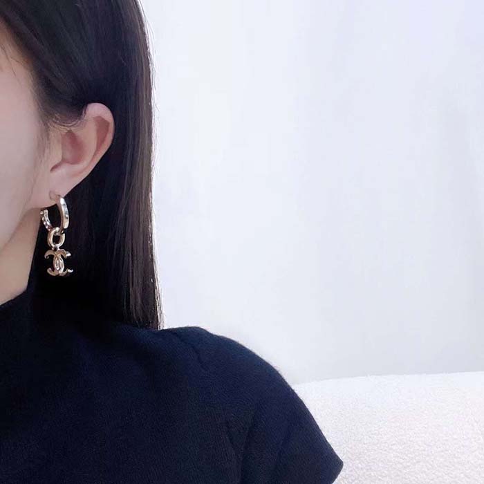 Chanel Women CC Pendant Earrings Metal Strass Gold Crystal