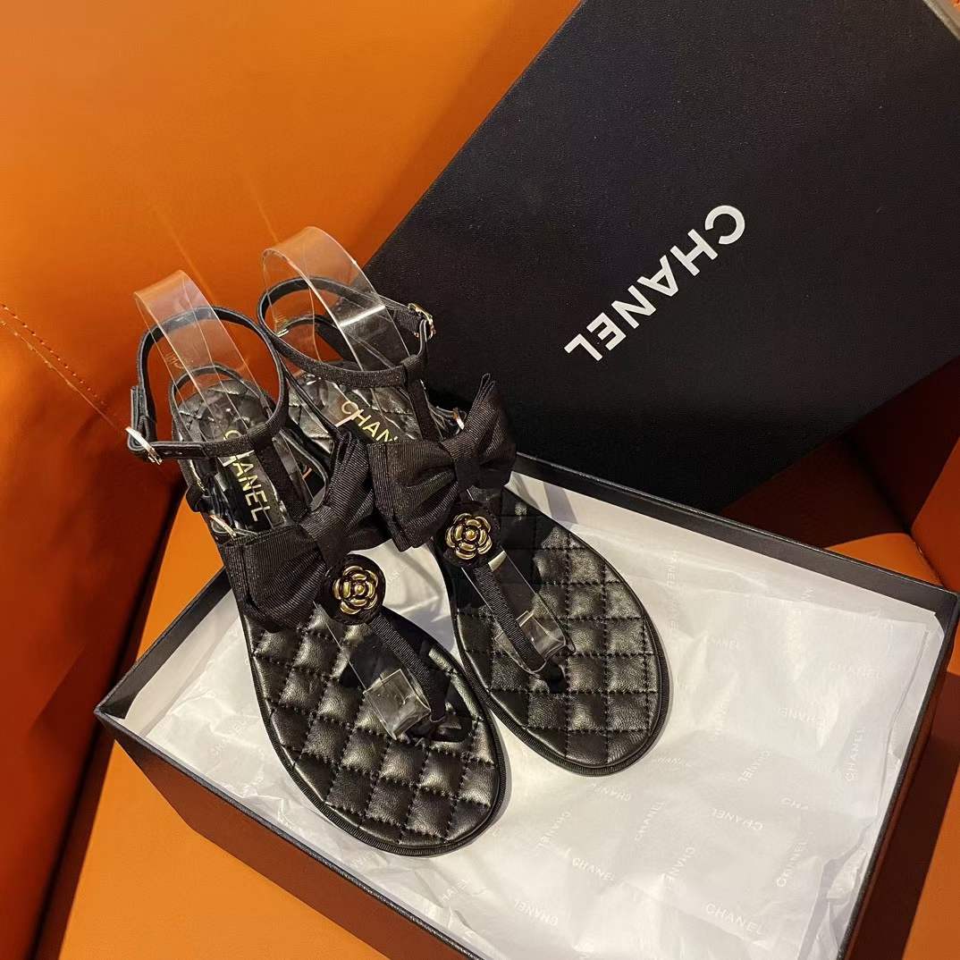 Chanel Women CC Sandals Grosgrain Black 1 CM Heel