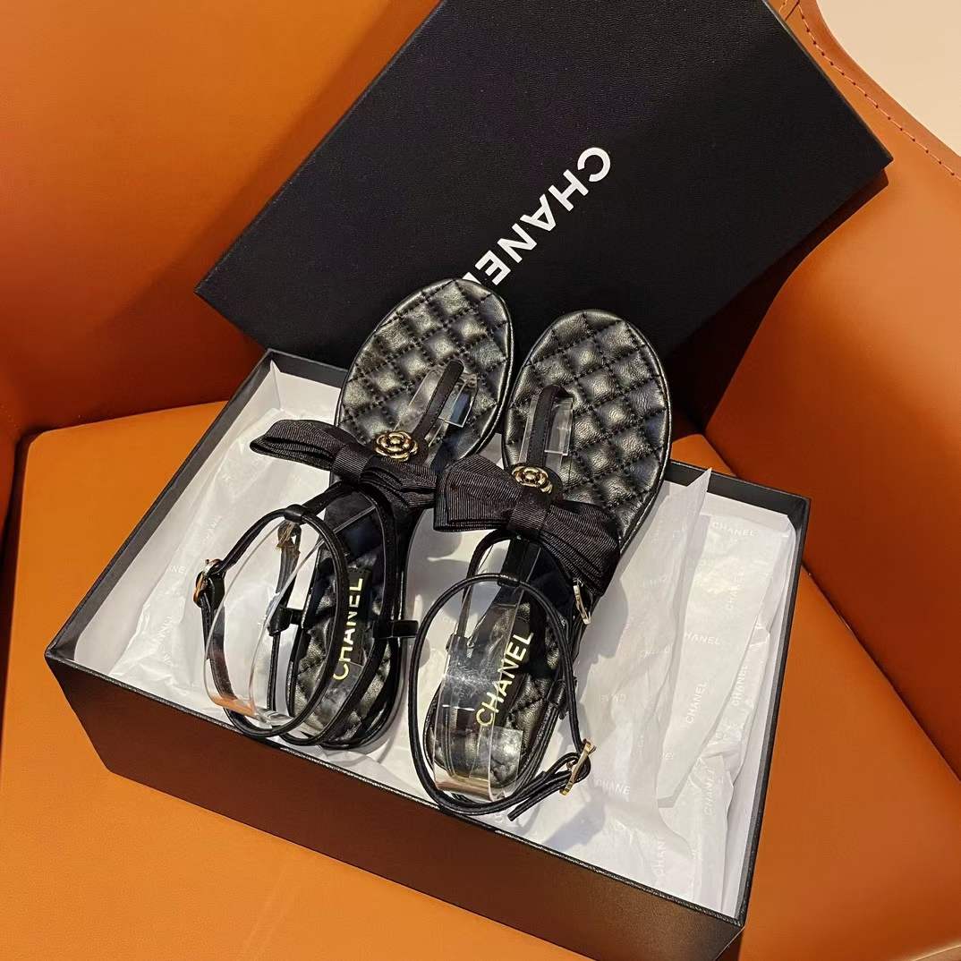 Chanel Women CC Sandals Grosgrain Black 1 CM Heel