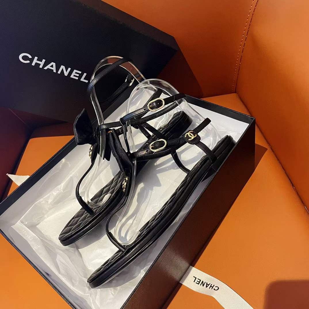 Chanel Women CC Sandals Grosgrain Black 1 CM Heel