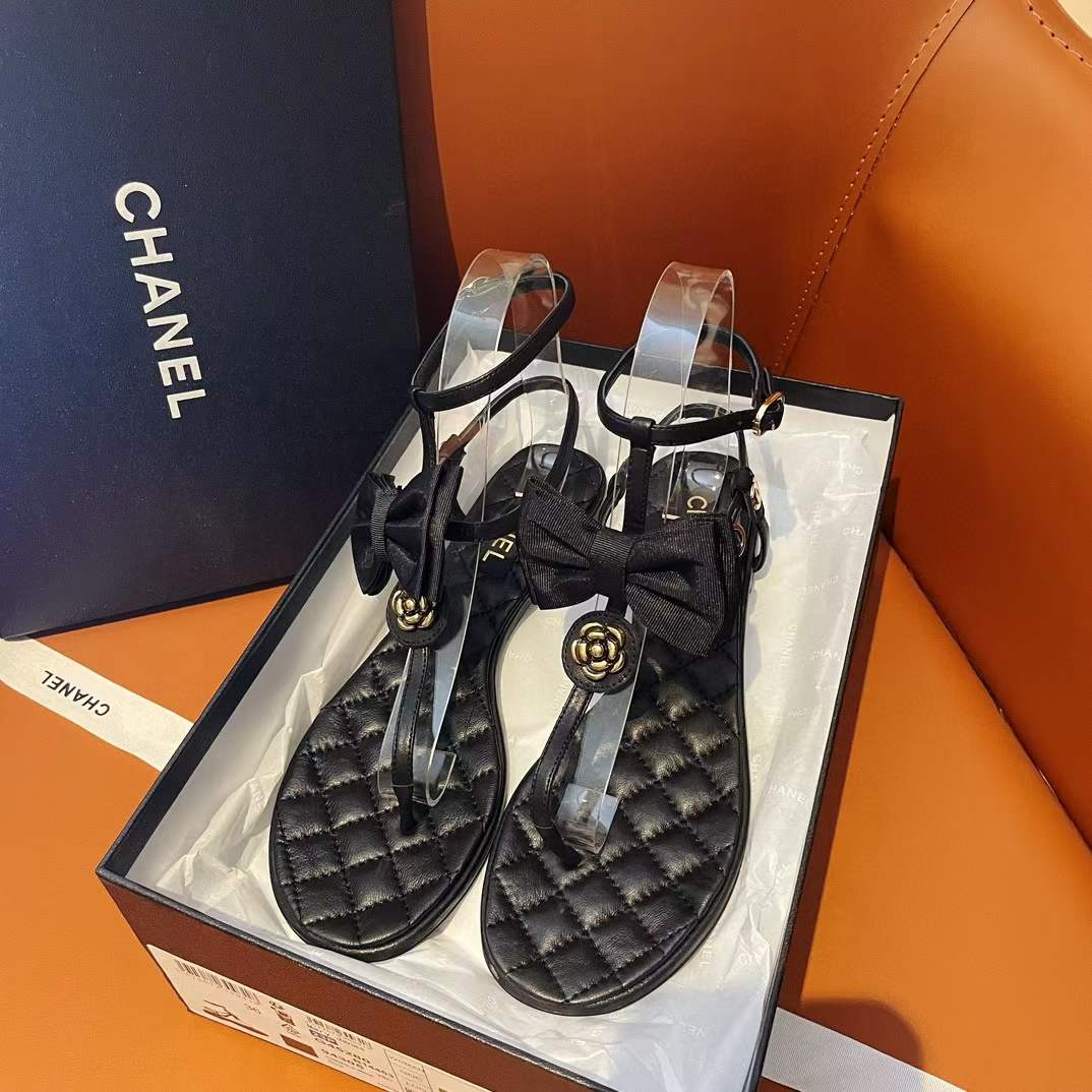 Chanel Women CC Sandals Grosgrain Black 1 CM Heel