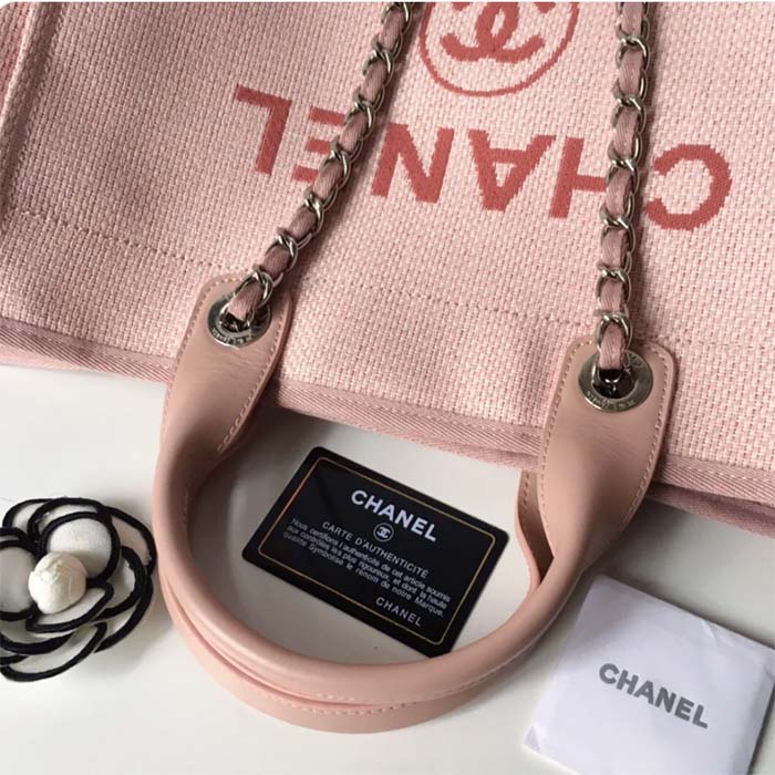Chanel Women CC Shopping Bag Canvas Leather Mixed Fibers Pink