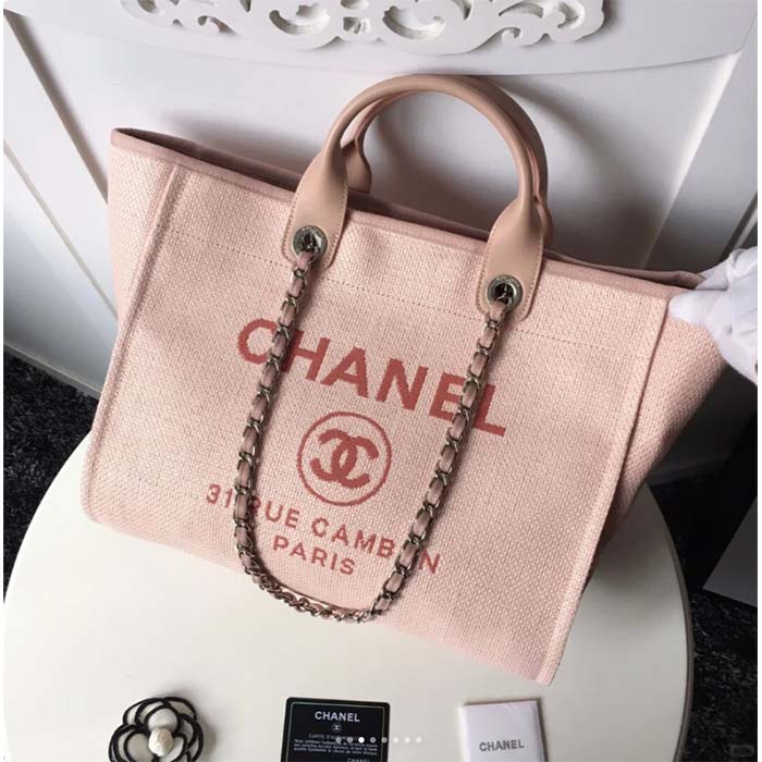 Chanel Women CC Shopping Bag Canvas Leather Mixed Fibers Pink